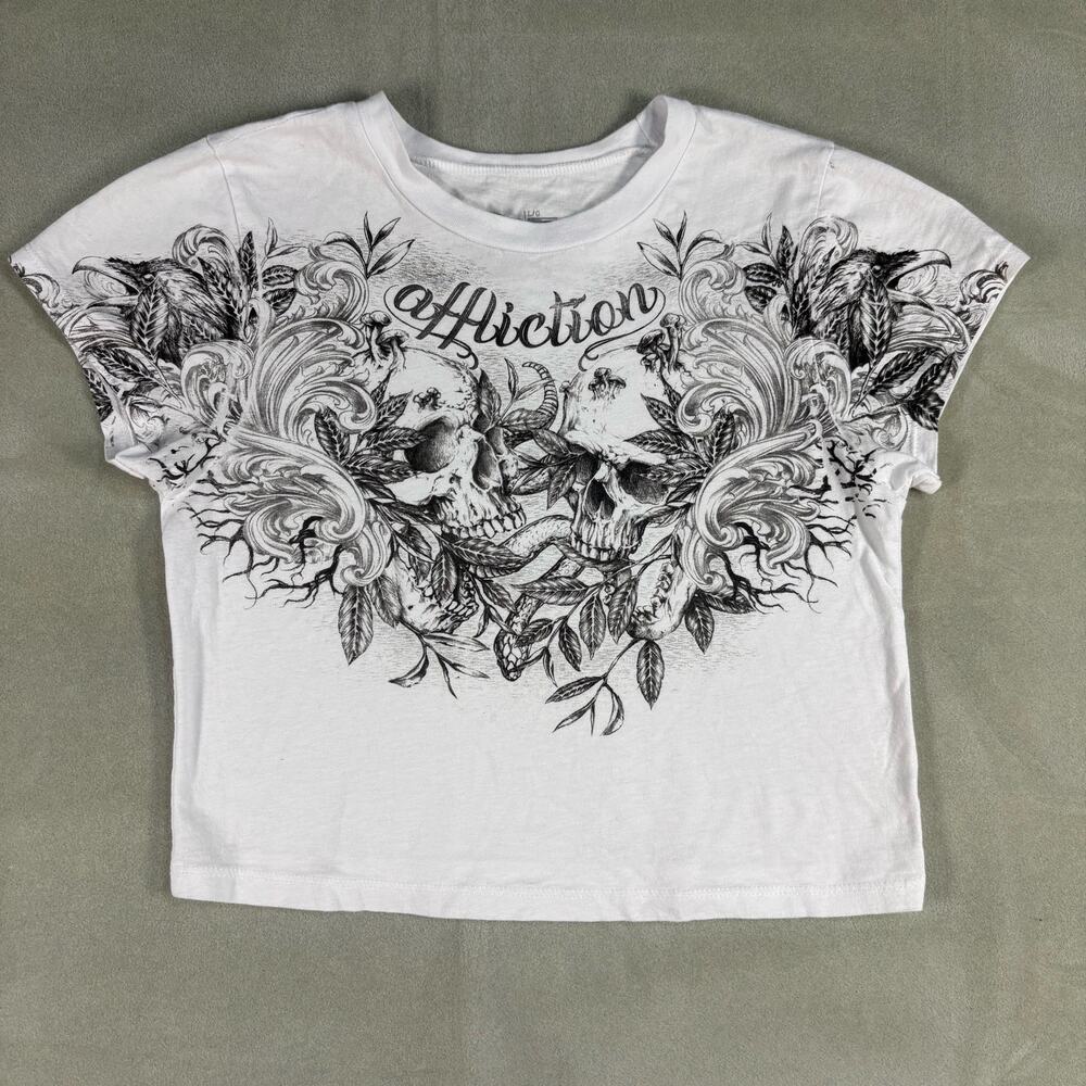 Affliction Women's White Skull‎ Graphic Cropped T-Shirt Size Large Preowned